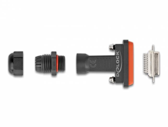 Explosionszeichnung eines Delock-Steckverbinders, bestehend aus Kappe, Dichtung, Kabelabschluss, Gehäuse und Anschluss.