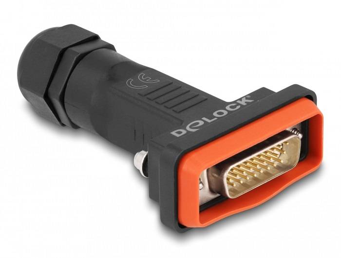 DVI-Stecker mit schwarzem Gehäuse und orangefarbenem Rand, markiert mit 'DELOCK'.