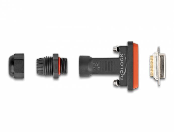 DELOCK Steckverbinder, explodierte Ansicht mit Komponenten: Abdeckkappe, Verschraubung, Steckerhülse und Buchse.