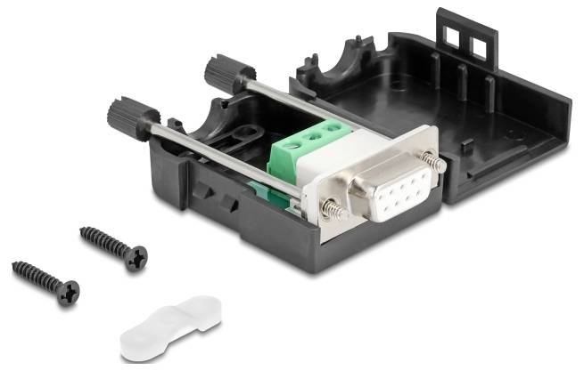 Ein offenes schwarzes Gehäuse mit einem DB9-Stecker, Schrauben und Kabelbinder. Geeignet für elektronische Verbindungen oder Reparaturen.