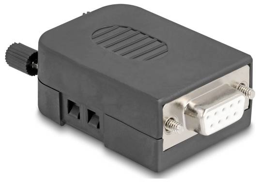 Ein schwarzer Adaptersockel mit einem VGA-Anschluss an der Vorderseite und einer Rändelmutter links, ermöglicht serielle Verbindung.