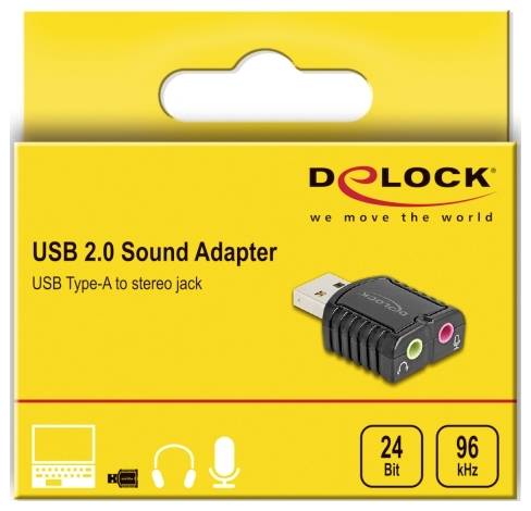 USB 2.0 Sound Adapter Verpackung mit Bild des Adapters, der USB Type-A zu Stereo-Klinke konvertiert. Markenname und Spezifikationen aufgeführt.