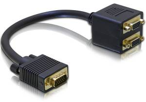 Ein VGA-Adapterkabel mit einem Stecker und zwei Buchsenanschlüssen, geeignet für den Anschluss von Videoquellen an mehrere Monitore.