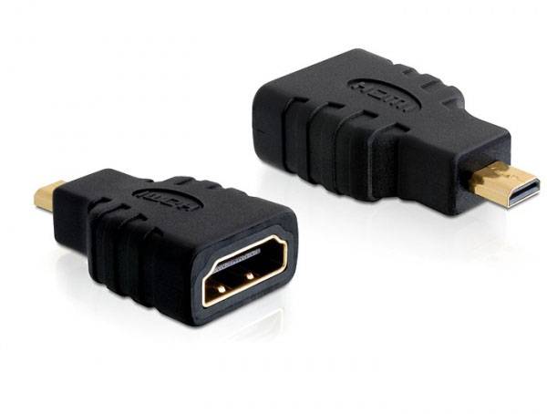 Ein HDMI-Adapter mit Standard-HDMI-Buchse und Micro-HDMI-Stecker, schwarz, mit geriffeltem Griff für einfache Handhabung.