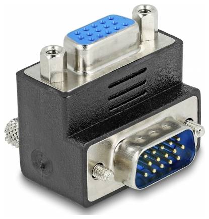 Ein VGA-Gender-Changer-Adapter, der eine weibliche VGA-Buchse an einen männlichen VGA-Stecker umwandelt, schwarzes Gehäuse.