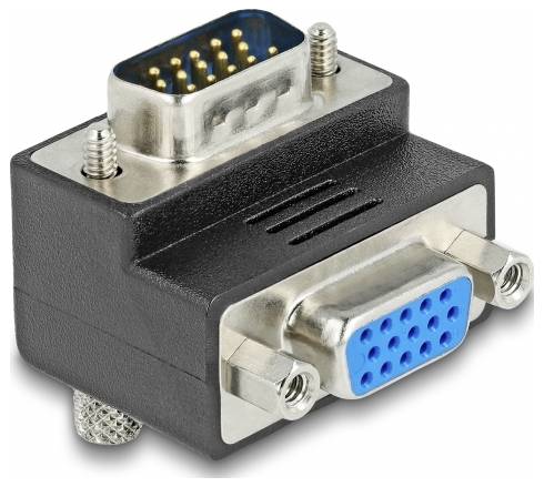 Ein VGA-Adapter: schwarzes Kunststoffgehäuse mit blauer Buchse und silbernem Stecker, verwendet zur Videoverbindung von Geräten.