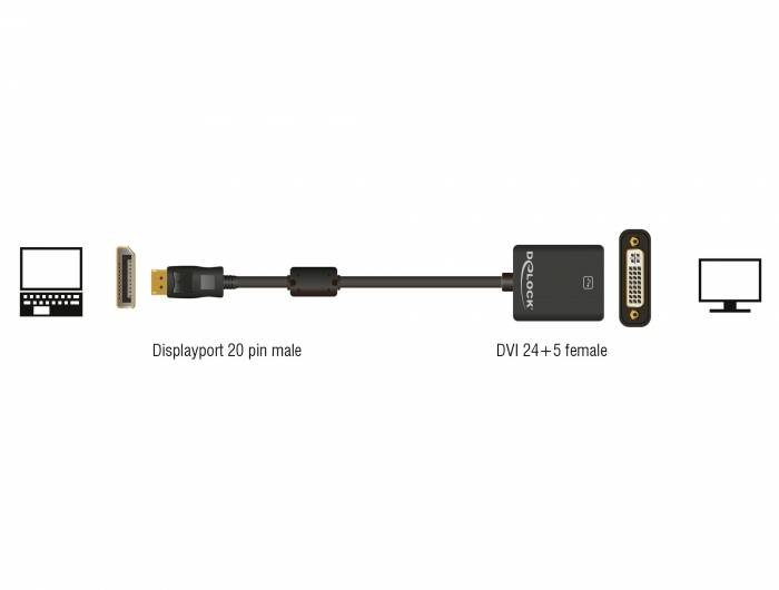 Ein DisplayPort-zu-DVI-Adapter zeigt links einen Laptop mit 'Displayport 20 pin male' und rechts einen Monitor mit 'DVI 24+5 female'.