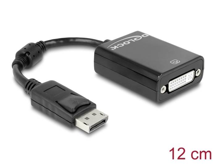 Adapterkabel von DisplayPort zu DVI, ca. 12 cm lang. Schwarzes Gehäuse mit DVI-Anschluss. Ideal für Bildschirmverbindung.