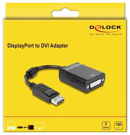 'DisplayPort to DVI Adapter' Verpackung von Delock, zeigt Adapter mit DisplayPort- und DVI-Anschlüssen, geeignet für HD-Videoübertragung.
