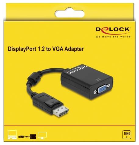 Delock 61848 DisplayPort / VGA Adapter [1x DisplayPort Stecker - 1x VGA-Buchse] Schwarz mit Ferritkern 12cm