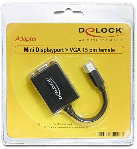 Adapter von DeLOCK im Blisterpaket: Mini DisplayPort zu VGA 15-polig Buchse. Geeignet für Mac Notebooks zur VGA-Monitorverbindung.