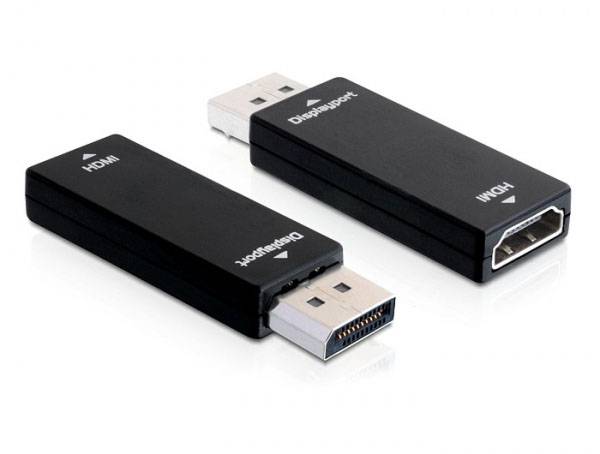 Zwei schwarze Adapter, einer mit 'DisplayPort' und der andere mit HDMI-Anschluss. Sie konvertieren Signale zwischen DisplayPort und HDMI.