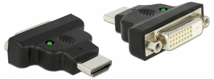 Zwei Adapter: Links hat einen HDMI-Stecker und einen DVI-Buchse, rechts zeigt dieselbe Kombination aus einem anderen Blickwinkel.