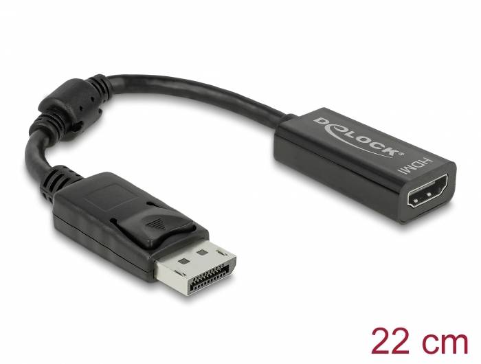 Ein schwarzer Adapter mit DisplayPort-Stecker und HDMI-Buchse, geeignet zum Verbinden von Geräten. Länge: 22 cm.
