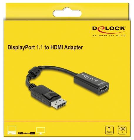 'Delock DisplayPort 1.1 to HDMI Adapter' auf gelbem Hintergrund. Adapter mit kabelgebundenem DisplayPort- und HDMI-Stecker dargestellt.