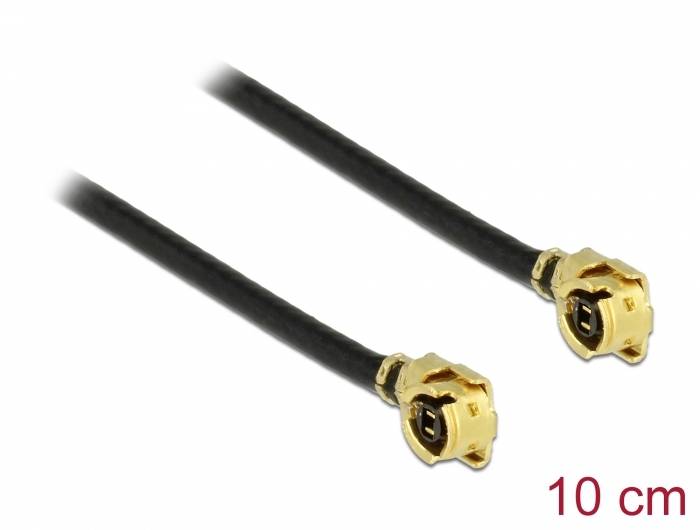 Zwei U.FL-Kabel mit goldenen Anschlüssen, 10 cm lang. Geeignet für drahtlose Kommunikation in elektronischen Geräten.