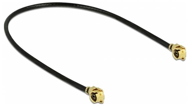 Ein schwarzes Koaxialkabel mit goldenen Anschlüssen an beiden Enden.