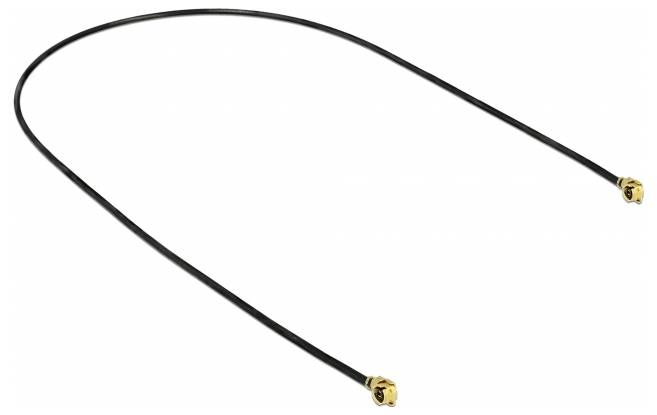 Ein schwarzes Koaxialkabel mit zwei goldfarbenen Steckverbindern an den Enden, das für die Verbindung von elektronischen Geräten verwendet wird.