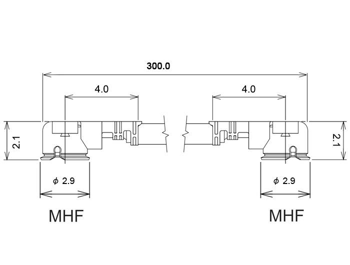 Eine technische Zeichnung einer symmetrischen Bauteilanordnung mit der Bezeichnung 'MHF'. Hauptabmessungen sind 300.0 mm in der Breite und 4.0 mm dazwischen.