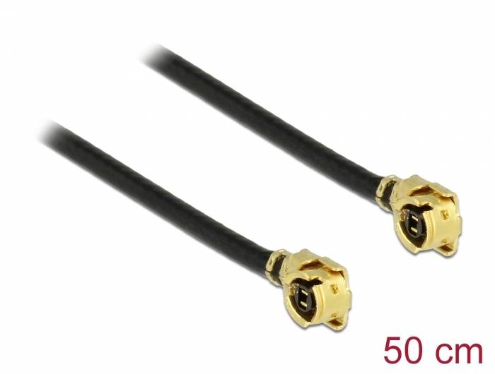 Zwei schwarze Koaxialkabel mit goldenen Anschlüssen, Länge 50 cm.