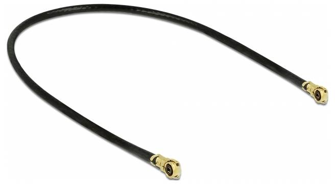 Ein schwarzes Hochfrequenzkabel mit goldenen Steckverbindern an beiden Enden. Geeignet für Antennen- und Kommunikationsverbindungen.