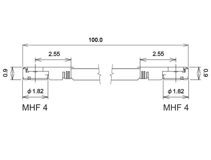 Technische Zeichnung eines Kabels mit zwei MHF 4 Anschlüssen. Länge: 100,0 mm. Durchmesser: 1,82 mm, Gesamtbreite: 6,0 mm.