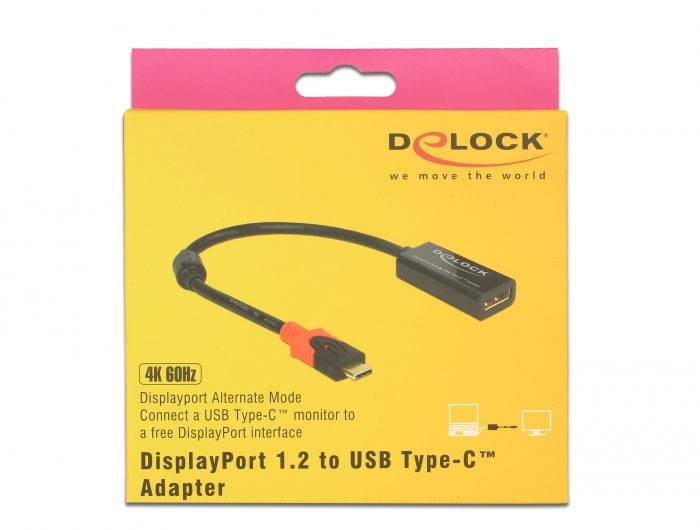 DisplayPort 1.2 auf USB Type-C Adapter von Delock. Verpackung zeigt Adapter mit Text 'Displayport Alternate Mode', geeignet für 4K 60Hz.