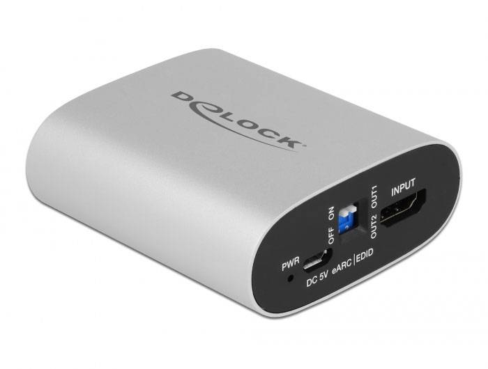 Silberner Adapter von D-LOCK mit DC 5V, 4K ARC, EDID, Power-Schalter, HDMI-Eingang und Ausgang.