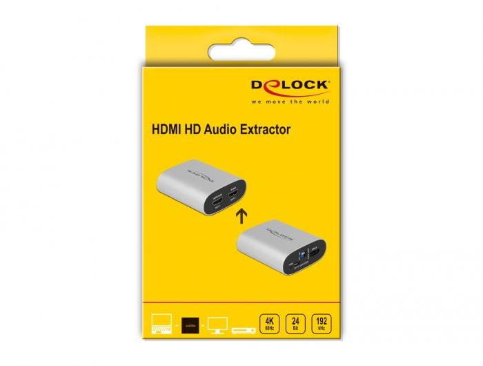 Gelbe Verpackung eines HDMI HD Audio Extractors von Delock, abgebildetes Produkt mit Anschlüssen, Hinweis auf 4K, 24 Bit, 192 kHz.