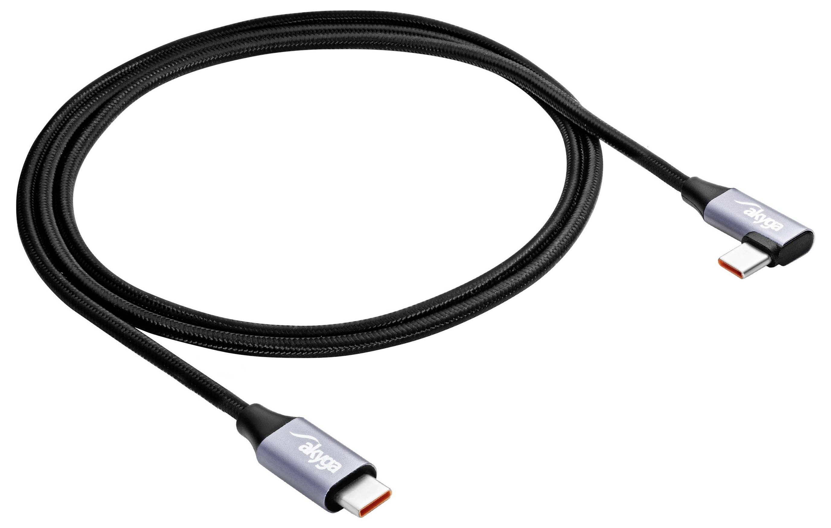 Schwarzes USB-C-Kabel mit textumwickeltem Design und silbernen Steckern an beiden Enden, geeignet für Datenübertragung und Laden.
