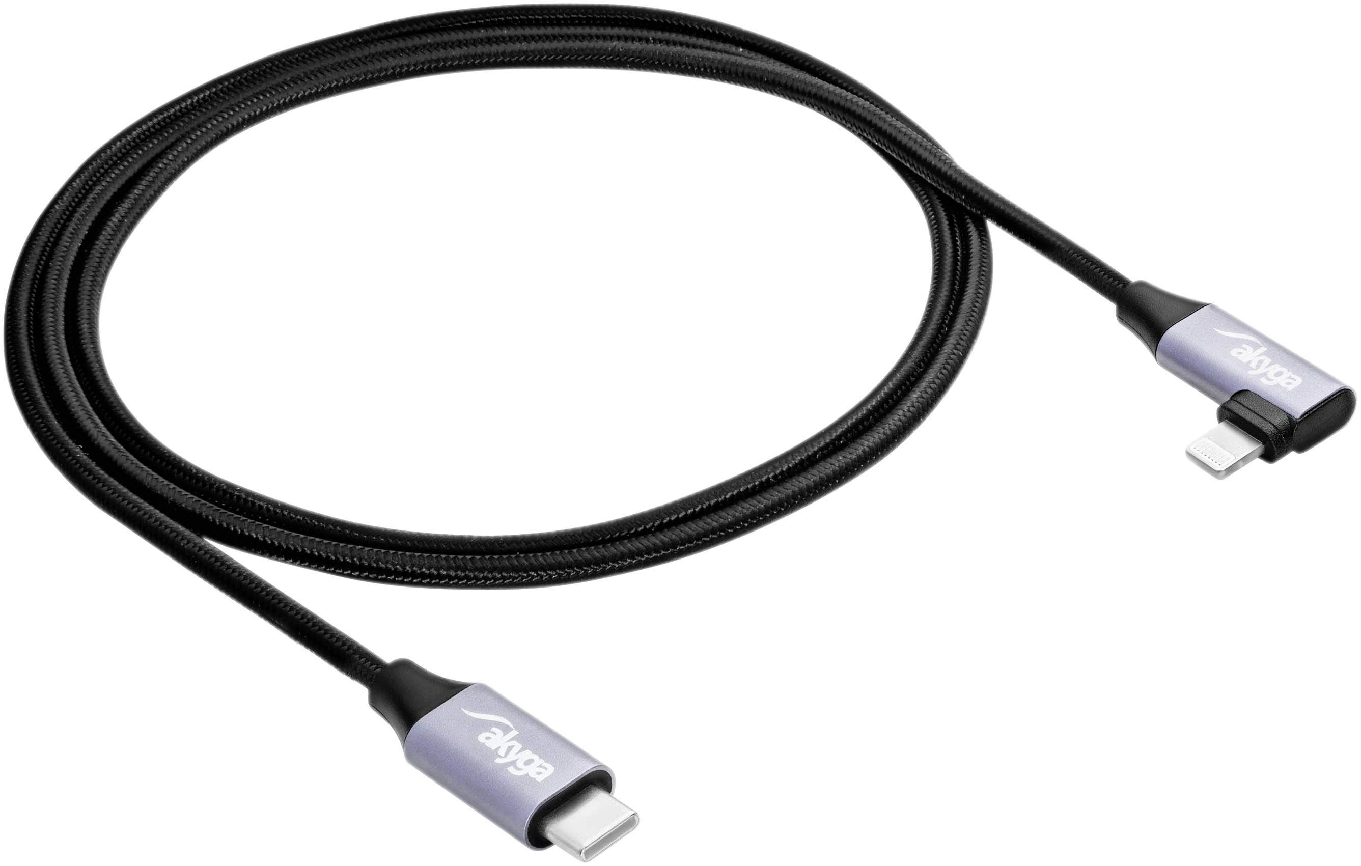 Ein schwarzes USB-C-auf-Lightning-Kabel mit metallischen Steckern, geeignet zum Laden und Datenübertragung zwischen Geräten.