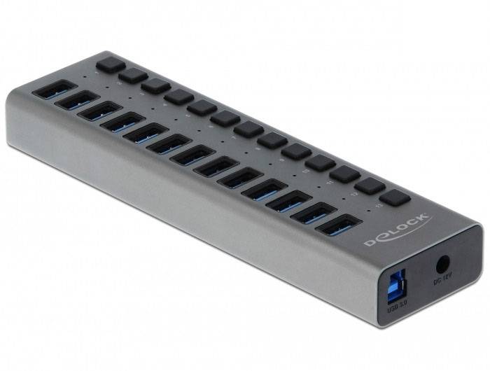 Delock 63738 USB-Hub 13 Port USB-A, DC-Buchse 3.5mm USB 3.2 Gen1 5 GBit/s Grau 63738