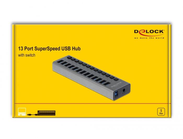 Delock 63738 USB-Hub 13 Port USB-A, DC-Buchse 3.5mm USB 3.2 Gen1 5 GBit/s Grau 63738