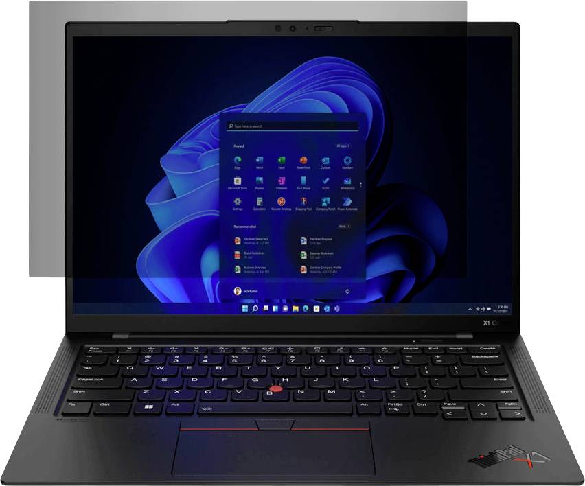 Laptop mit geöffneter Windows-Benutzeroberfläche auf dem Bildschirm, sichtbar ist das Startmenü von Windows 11 vor einem blauen Hintergrund.