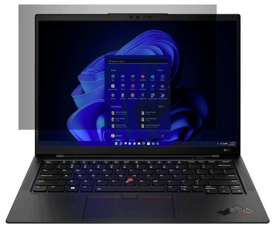 Ein offener Laptop zeigt den Windows-Startbildschirm mit Symbolen. Der Bildschirmhintergrund ist ein abstraktes blaues Design.