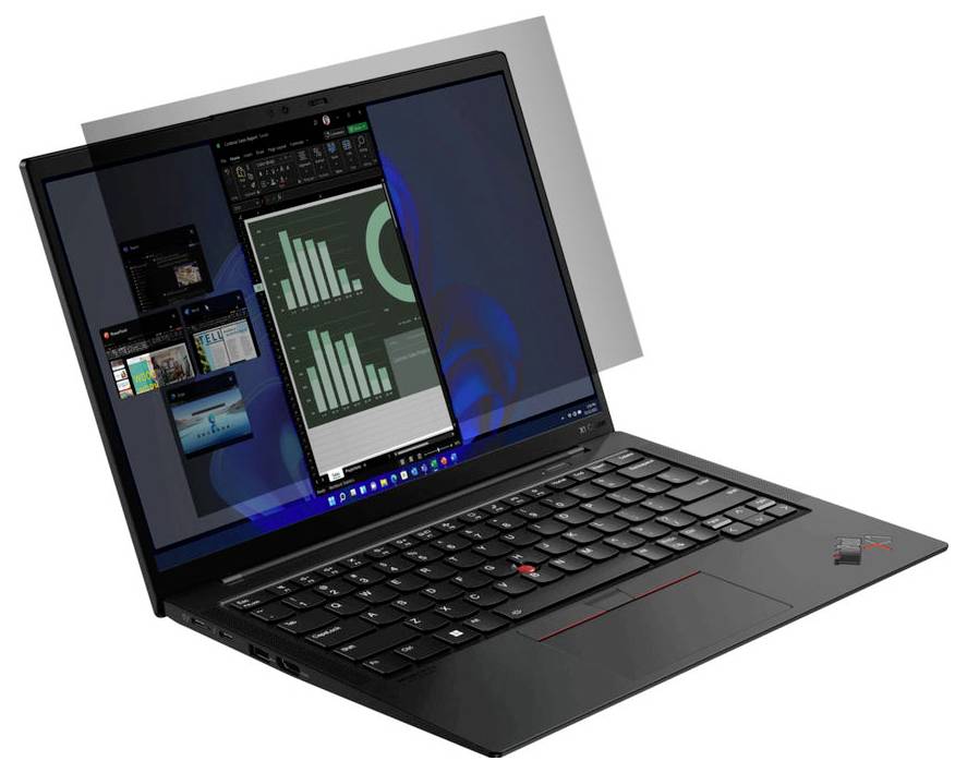 Ein aufgeschlagener Laptop zeigt mehrere geöffnete Fenster auf dem Bildschirm, darunter eine Anwendung mit Diagrammen und Tabellen.