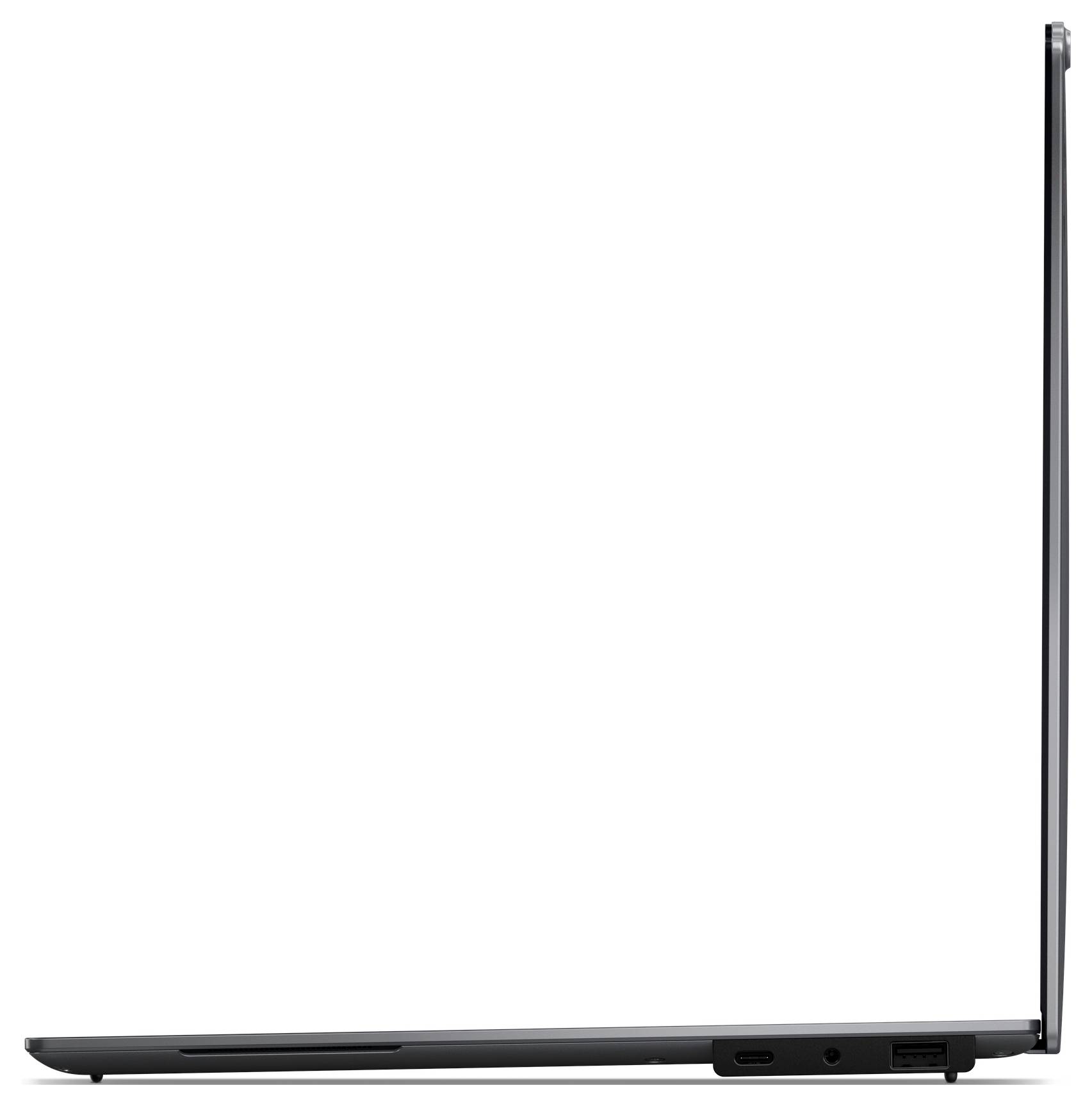 Ein geöffneter Laptop von der Seite, gezeigt im Profil. Der Bildschirm ist dünn und der Laptop hat Anschlüsse an der Seite.