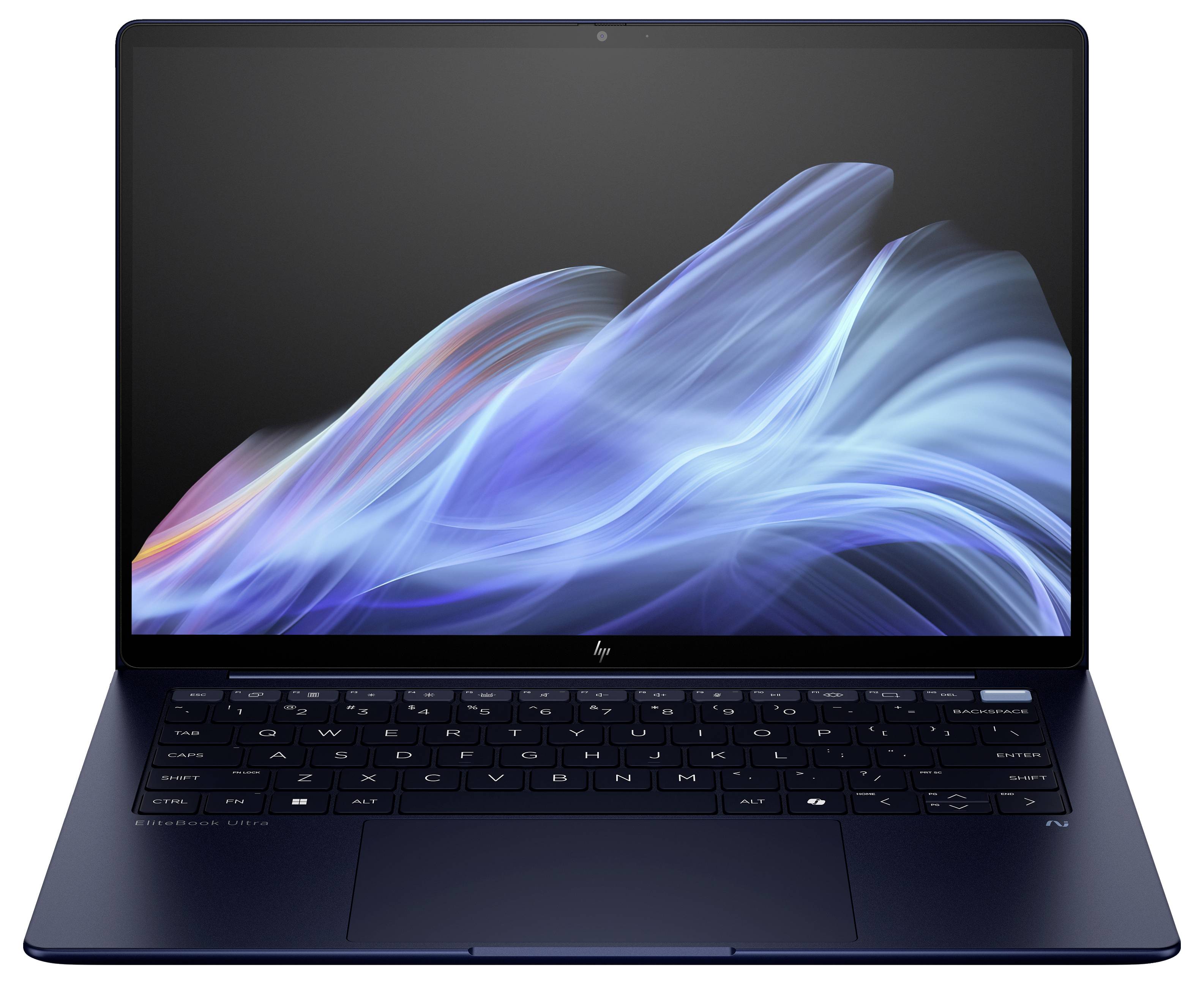 Ein Laptop mit schwarzem Gehäuse, vollständig geöffneter Bildschirm zeigt einen abstrakten wellenförmigen blauen Hintergrund.