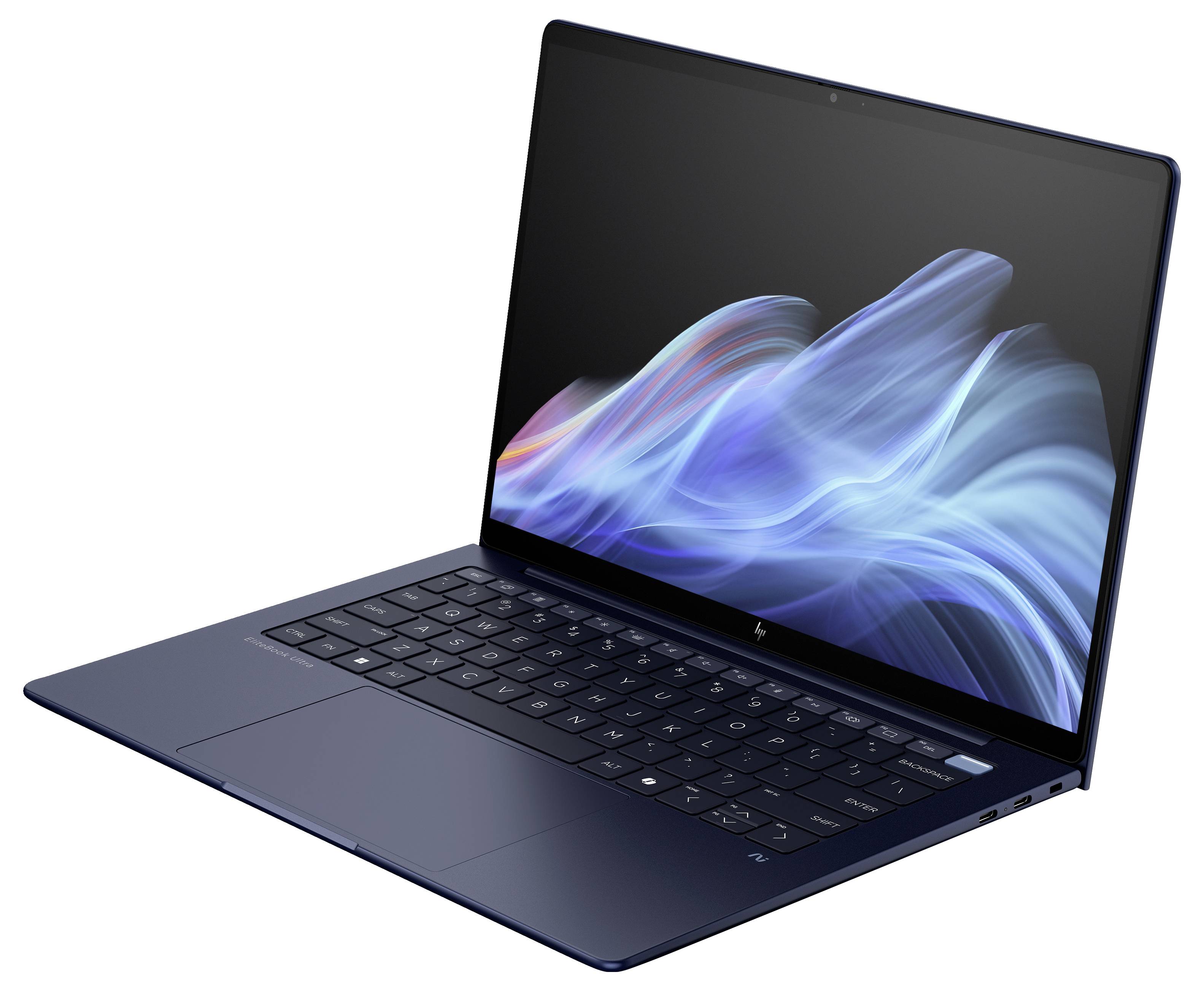 Ein schlanker Laptop mit schwarzem Gehäuse und beleuchtetem Display, auf dem abstrakte blaue und orangefarbene Muster zu sehen sind.