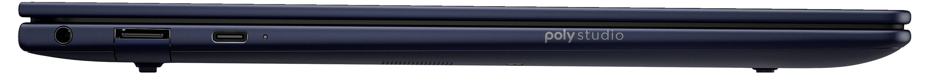 Ein geschlossener Laptop in dunklem Blau, seitlich betrachtet. Auf der Seite sind mehrere Anschlüsse sichtbar.