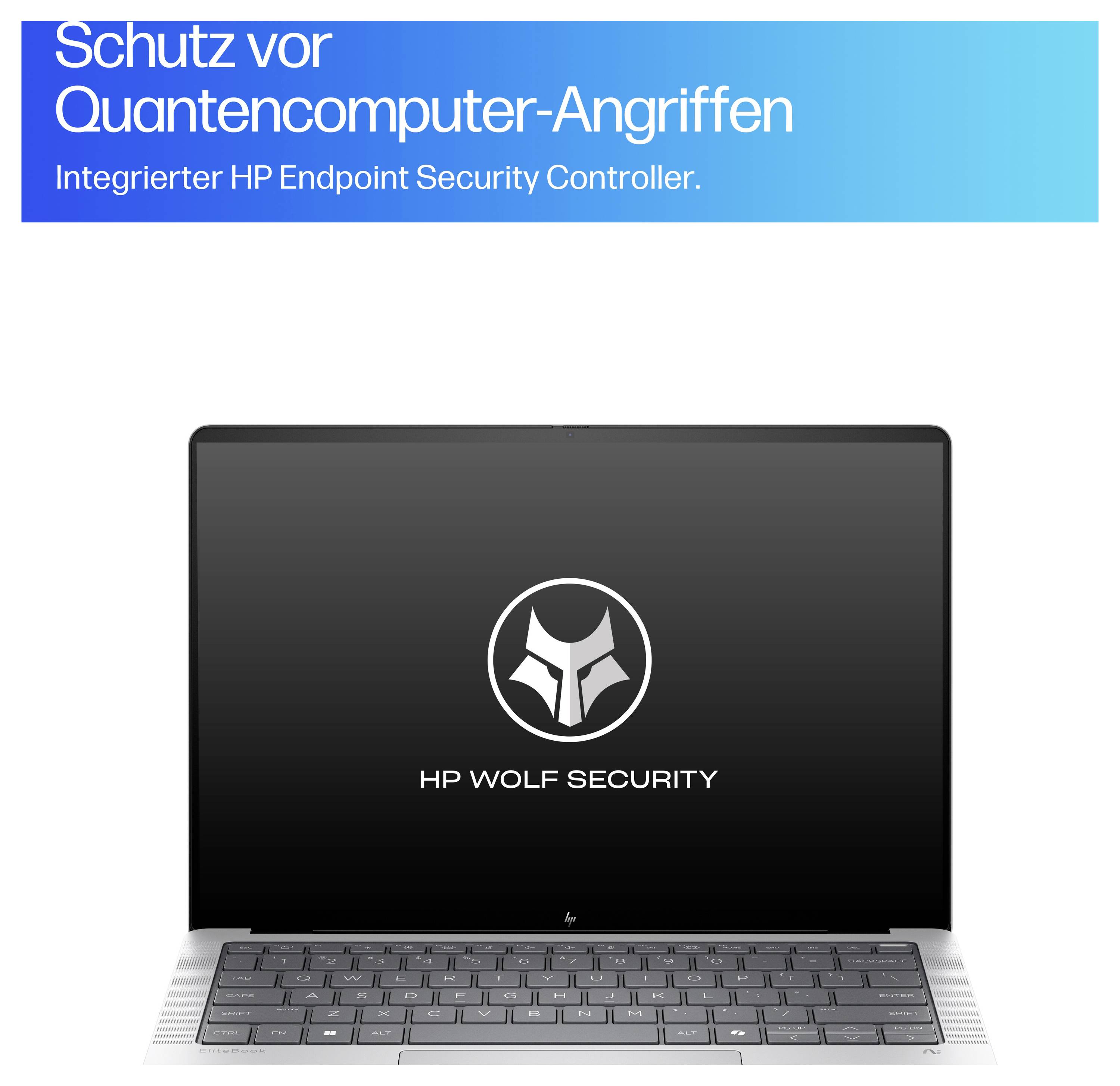 Ein Laptop mit HP Wolf Security-Logo zeigt den Text 'Schutz vor Quantencomputer-Angriffen. Integrierter HP Endpoint Security Controller'.