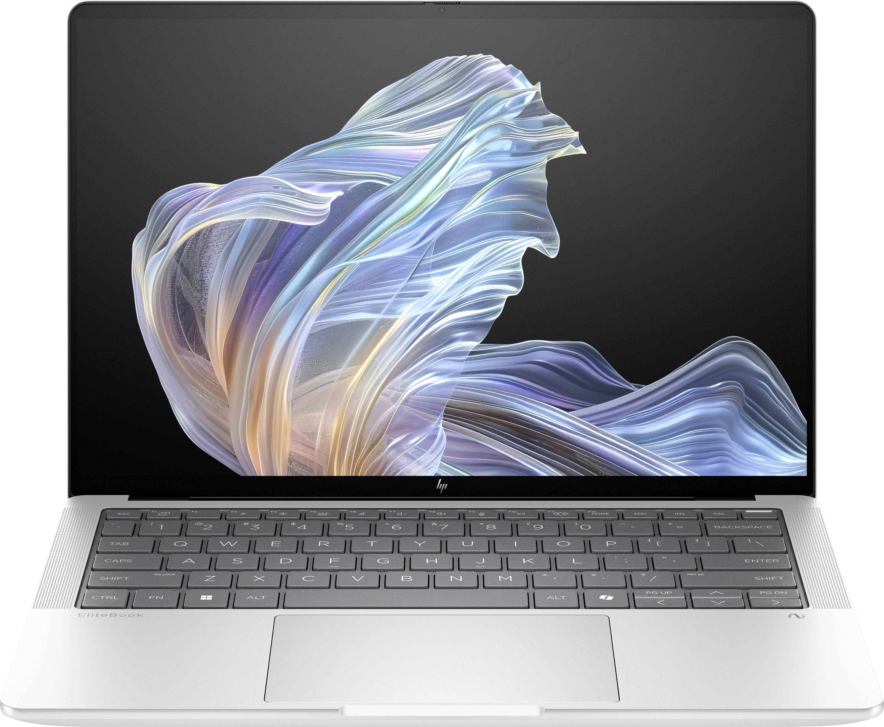 Ein Laptop mit farbenfroher, abstrakter Grafik auf dem Bildschirm. Das Design zeigt fließende Linien in Blau, Lila und Orange.
