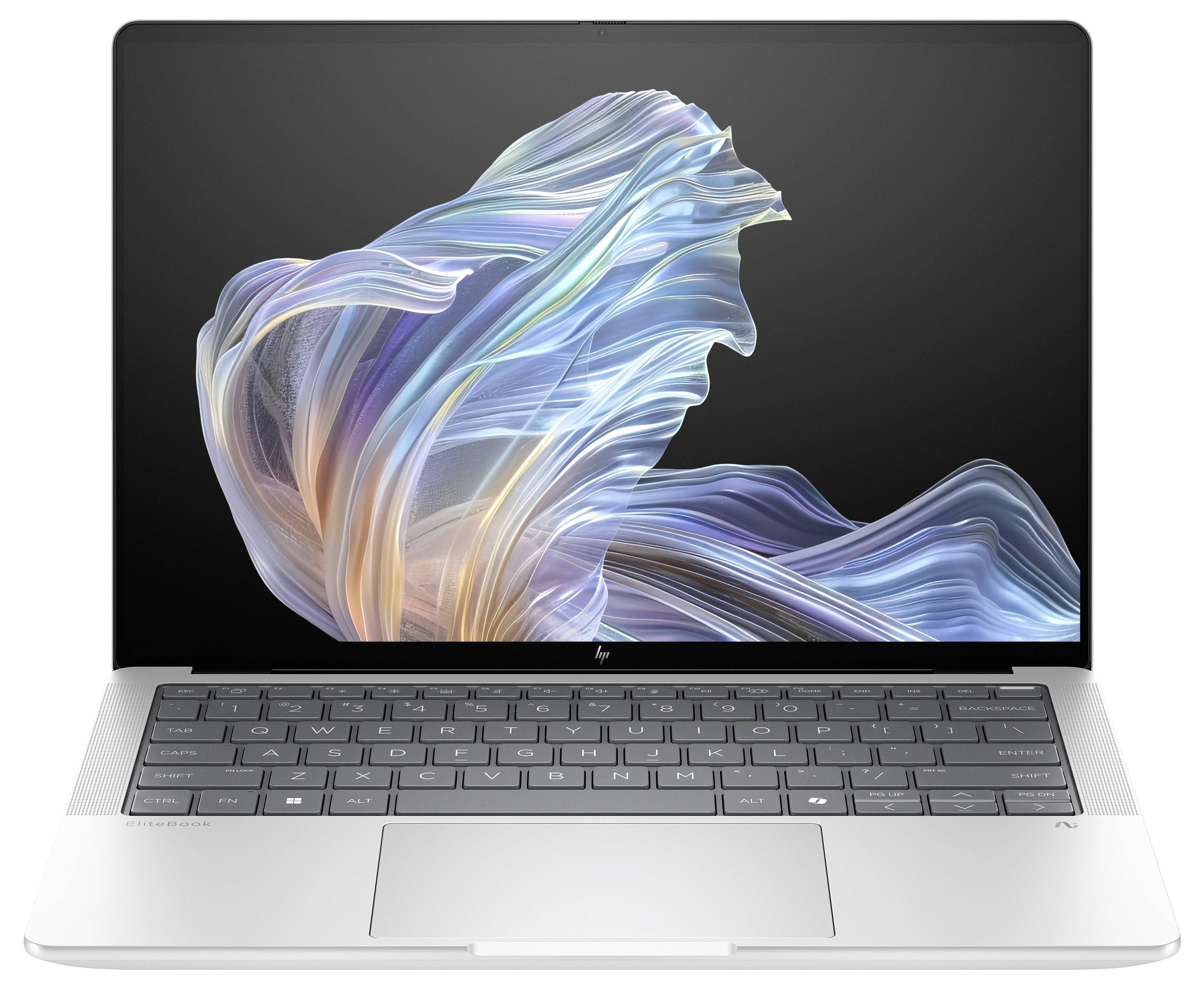 Ein Laptop mit Tastatur und Display, auf dem ein abstraktes, farbenfrohes Bild mit wellenförmigen Mustern zu sehen ist.