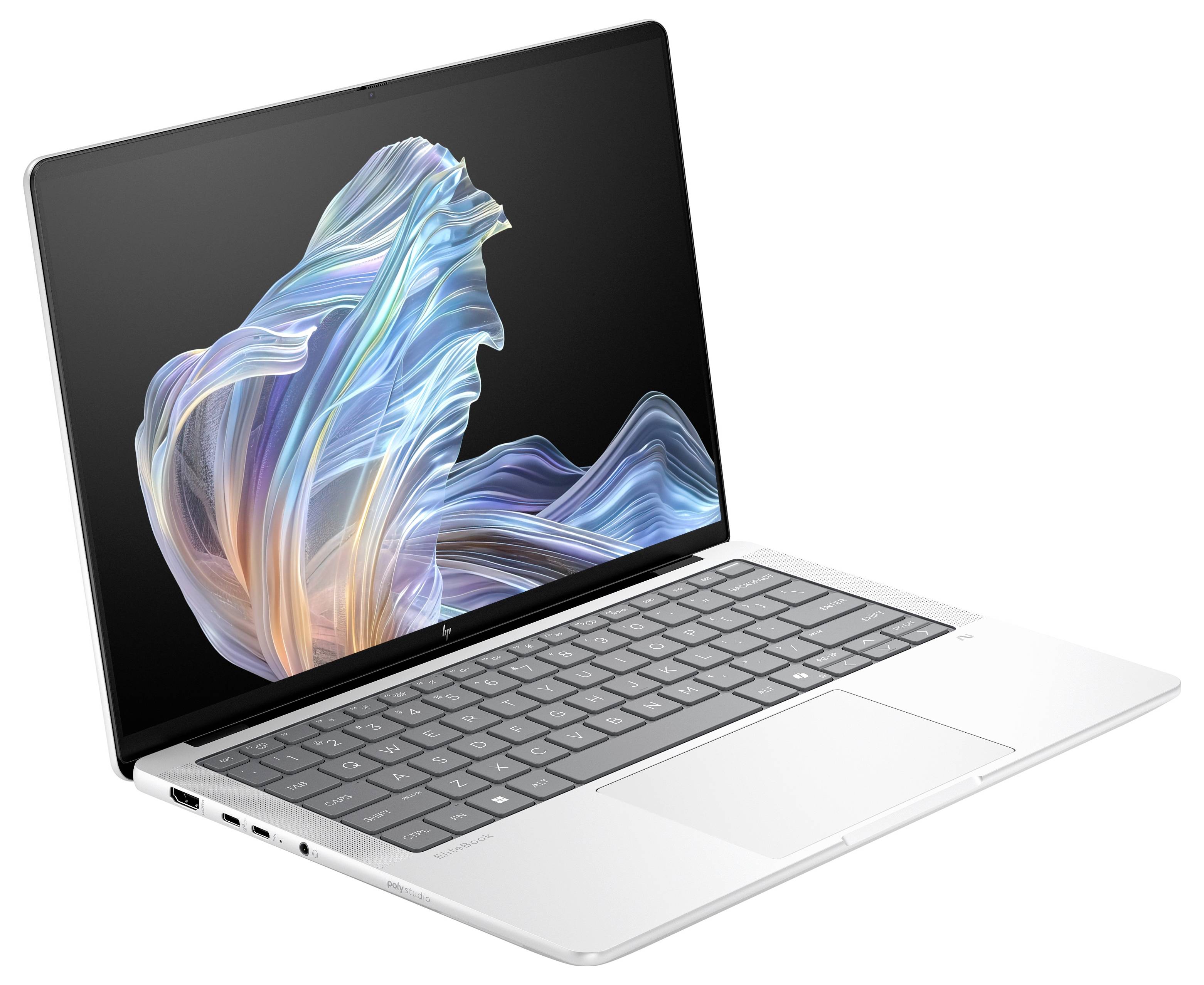 Ein moderner, silberner Laptop mit schwarzer Tastatur, geöffnet und eingeschaltet. Auf dem Bildschirm ist ein farbenfrohes, wellenförmiges Muster.