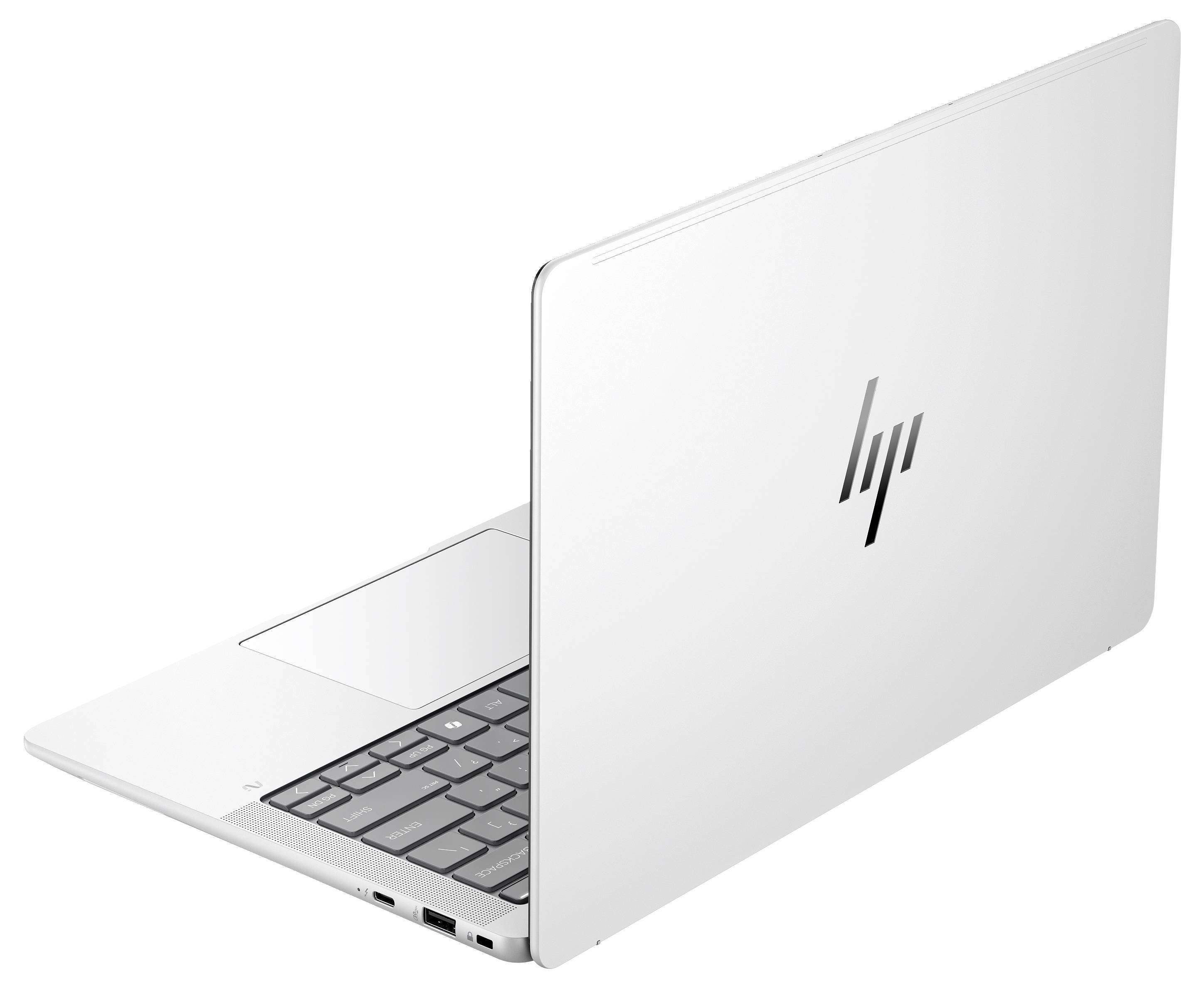Silberner Laptop in seitlicher Ansicht, geöffnet, mit sichtbarer Tastatur und einem Logo auf der Rückseite des Bildschirms.
