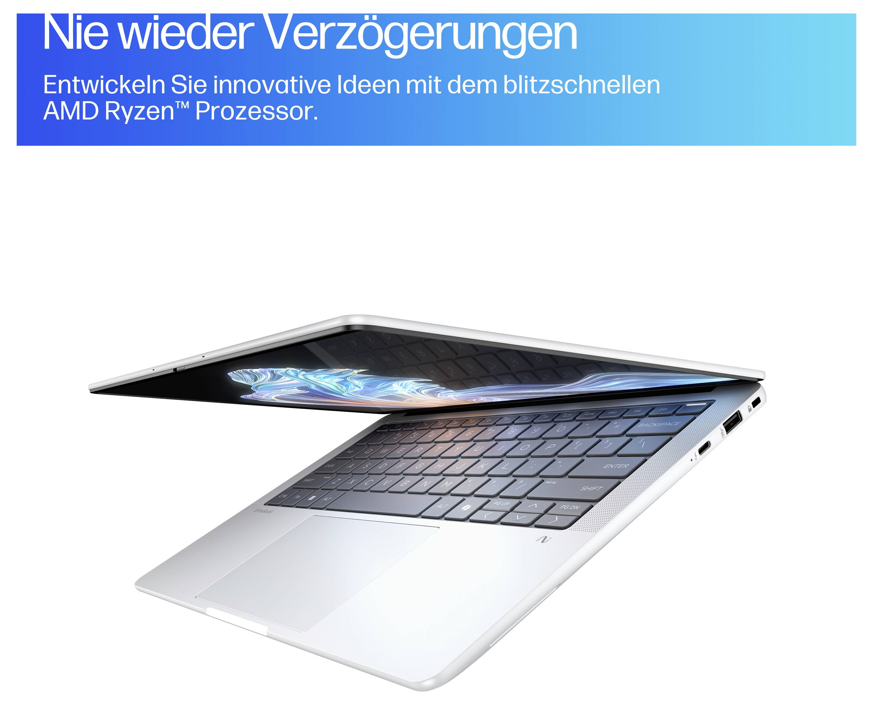 Neues, offenes Laptop mit blitzschnellem AMD Ryzen™ Prozessor, Text 'Nie wieder Verzögerungen'. Entwickeln Sie innovative Ideen.