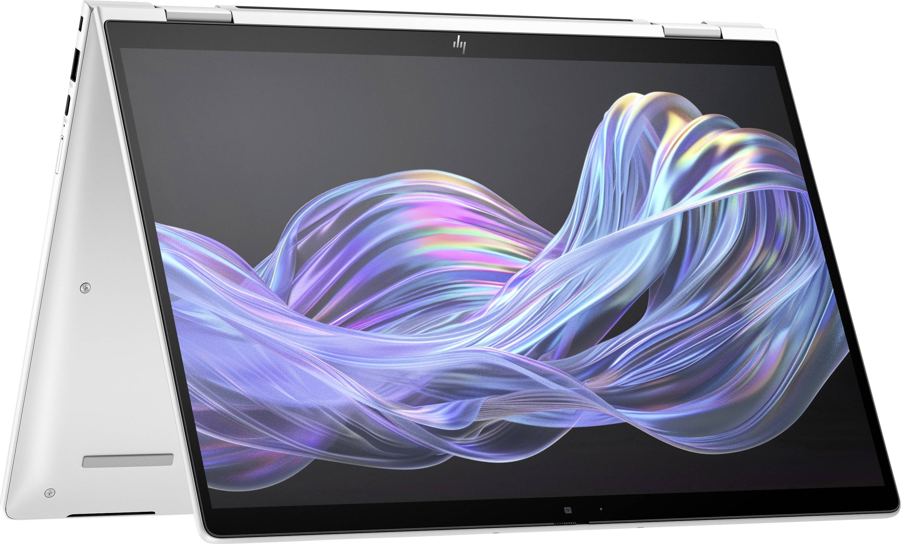 Ein silbernes Laptop im Zeltmodus zeigt ein farbenfrohes, wellenförmiges Muster auf seinem Bildschirm.