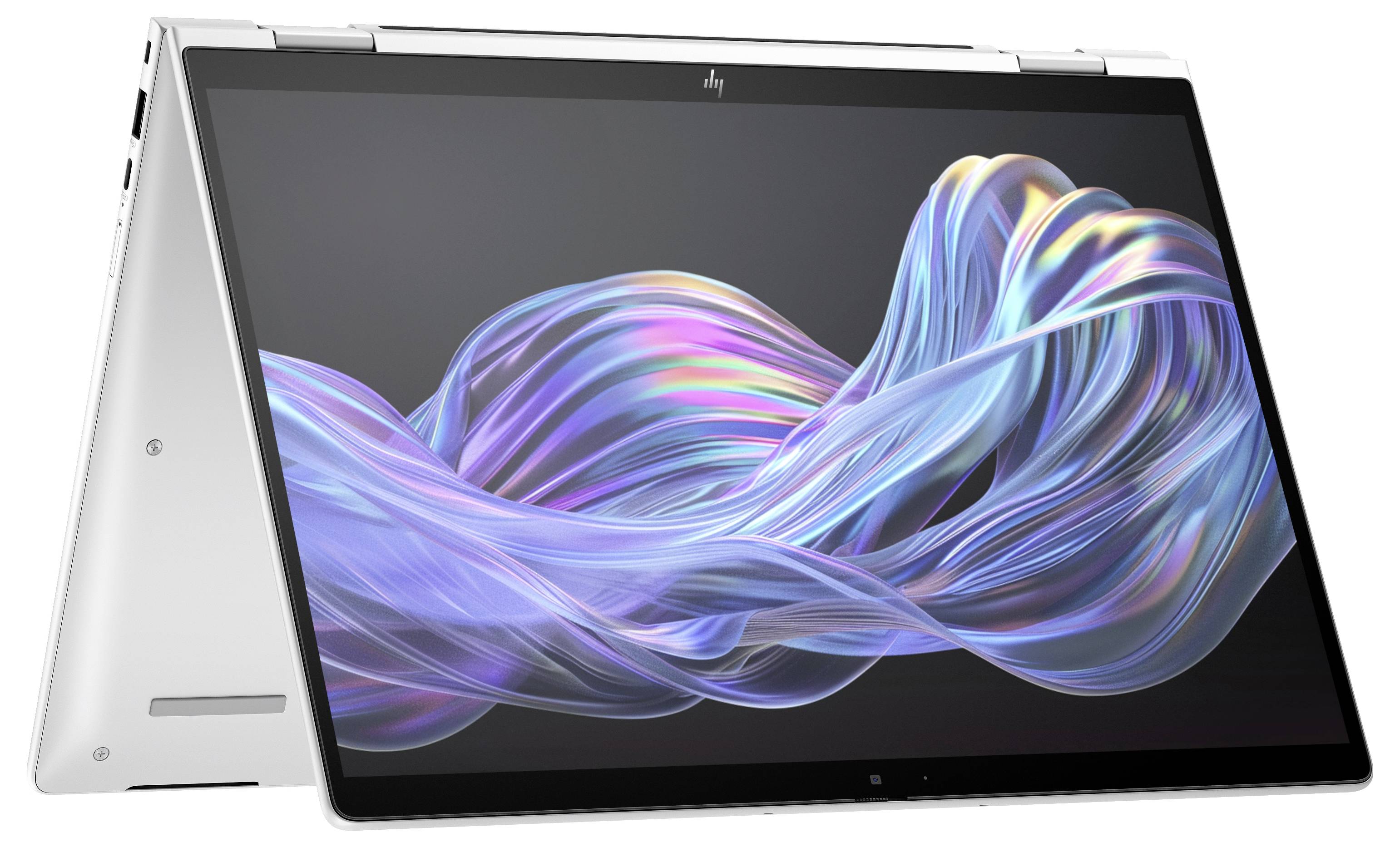 Ein silberner Laptop in Zeltmodus mit einem bunten, wellenförmigen Bildschirmhintergrund. Hochwertiges, modernes Design.