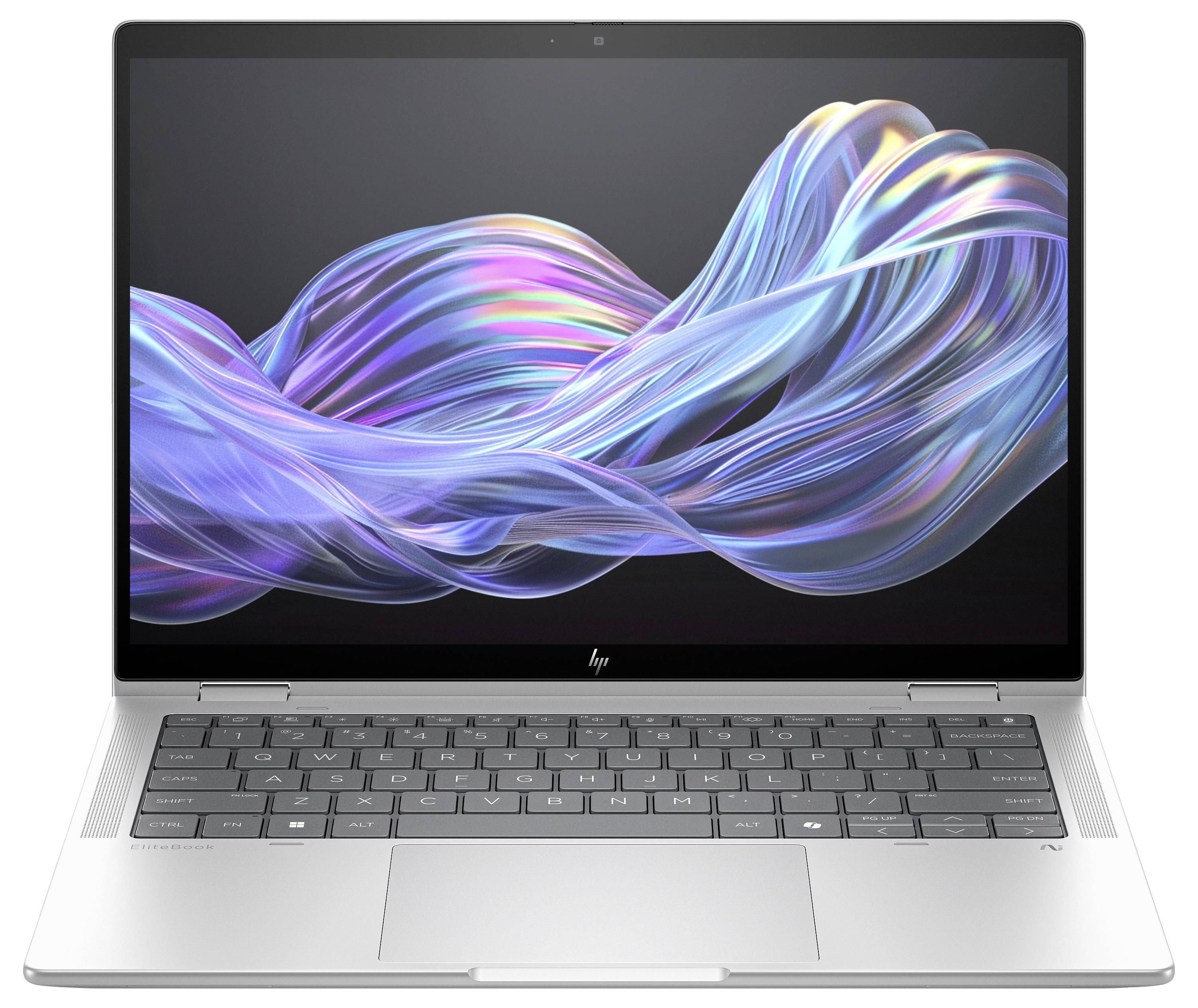 Ein moderner Laptop mit einem farbenfrohen, abstrakten Hintergrund auf dem Bildschirm.