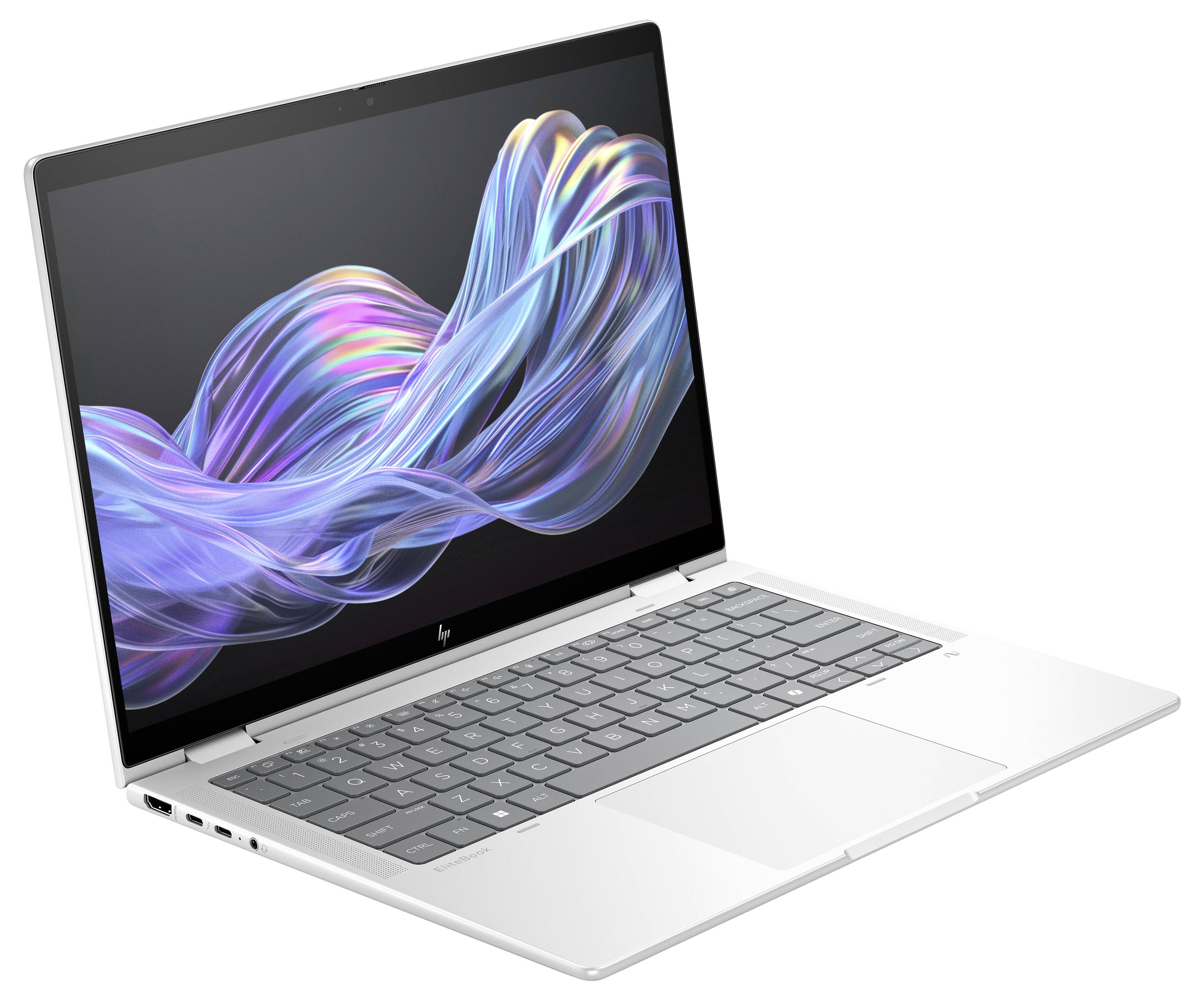 Ein moderner Laptop mit offenem Bildschirm zeigt ein abstraktes Kunstwerk mit bunten Lichtwellen auf schwarzem Hintergrund.